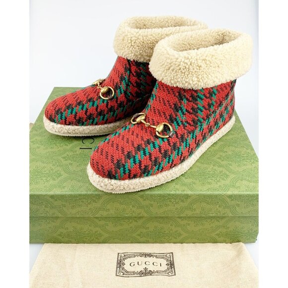 NIB Gucci Women Horsebit Houndstooth Wool Boots In Red SIze 39.5 - Picture 10 of 11